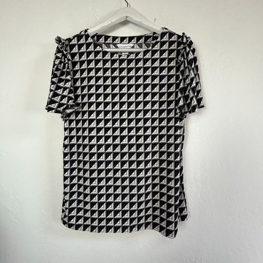 Liz Claiborne Executive Grey Logo Womens Geometric Short Sleeve Top Large New